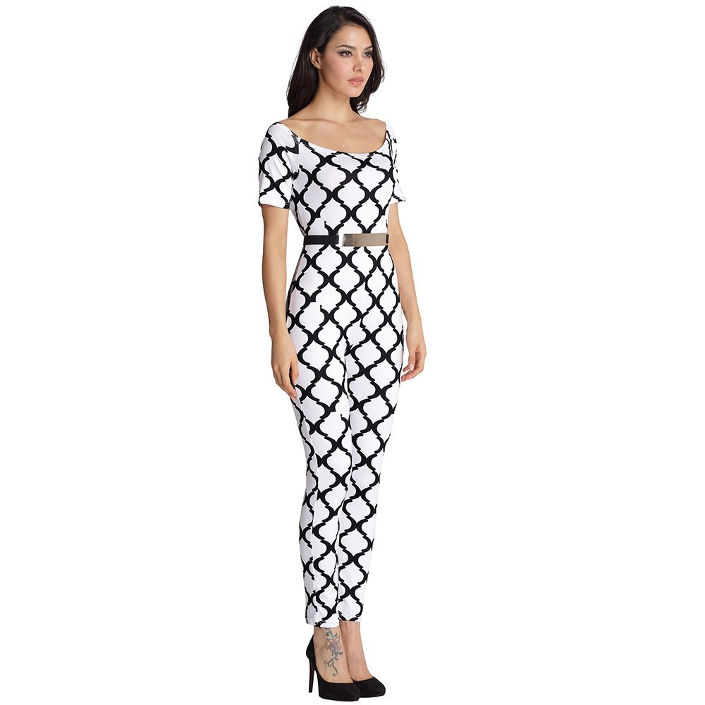 F2516-1 Women Jumpsuits Fashion Print Off the Shoulder with Belt